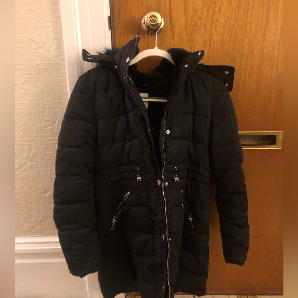 Black down jacket with fur hood